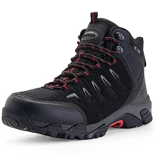 SHULOOK men's mid-top waterproof hiking boot on rocky terrain