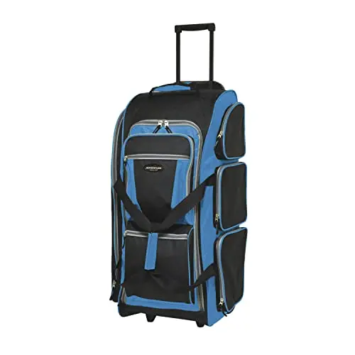 Travelers Club blue rolling duffle bag with multiple pockets and handles