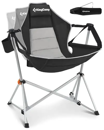 KingCamp black folding hammock chair with mesh back and padded armrests.
