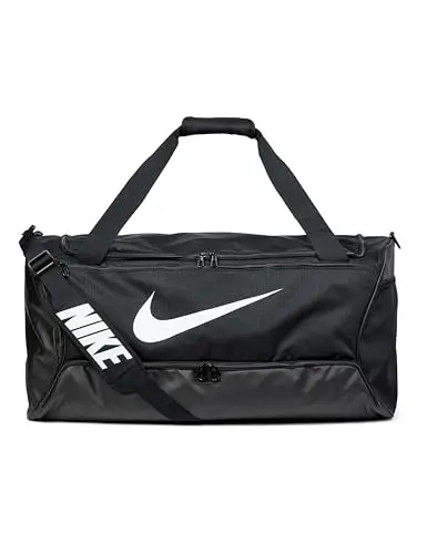 Nike Brasilia 9.5 large black duffel bag with zippered compartments.