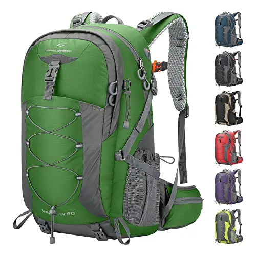 Maelstrom Green 40L Hiking Backpack with multiple compartments visible