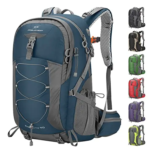 Blue Maelstrom 40L hiking backpack with trekking pole loops attached