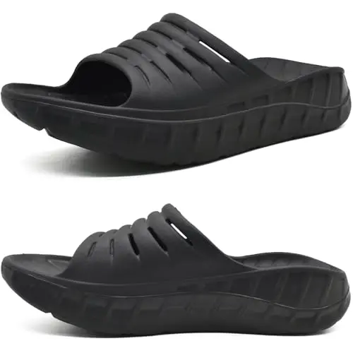 KuaiLu men's thick athletic recovery slide sandals with a hollowed-out strap