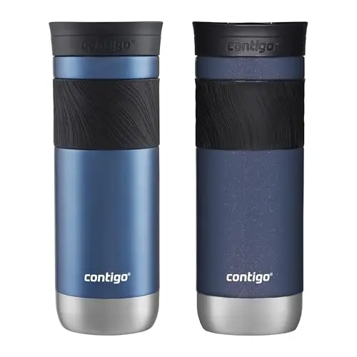 Two Contigo SNAPSEAL travel mugs in blue corn and midnight berry colors