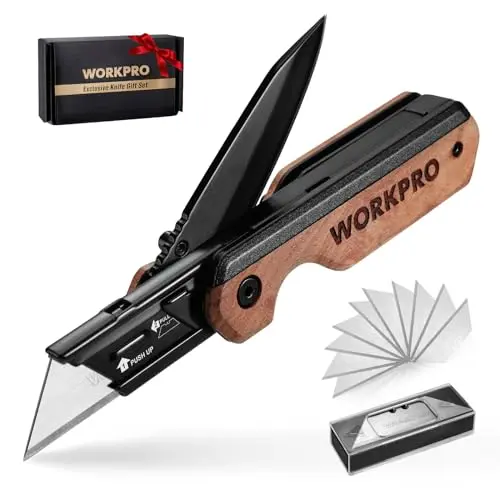 WORKPRO 2-in-1 folding utility knife with rosewood handle and pocket clip