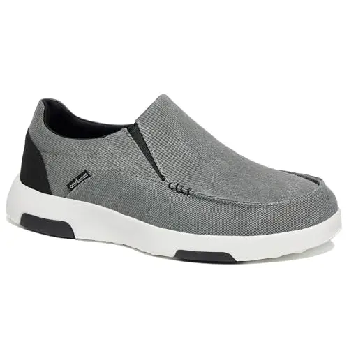 OrthoComfoot men's black and grey orthopedic slip-on canvas loafers.