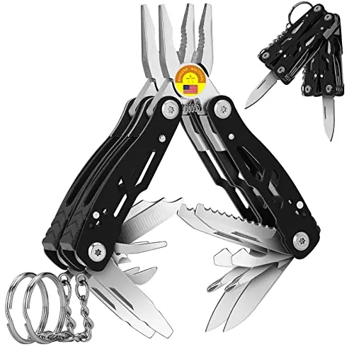 Two black BOVGERO mini 15-in-1 multitool pliers on a keyring