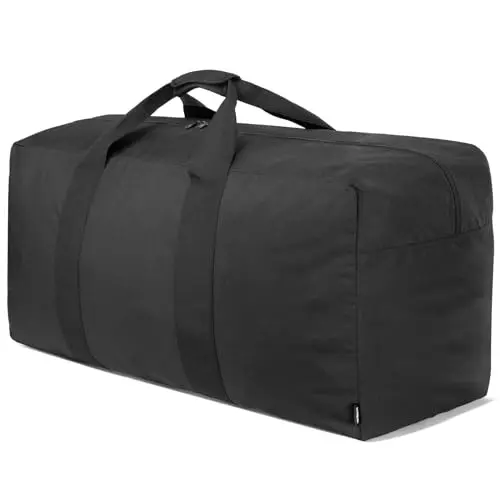 Vorspack black extra large duffel bag with wide webbing handles.