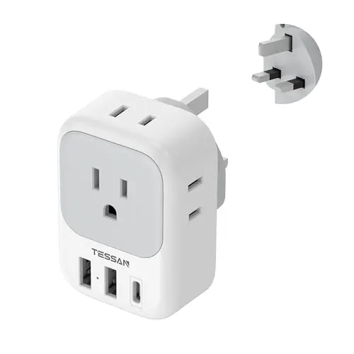 TESSAN Type G travel adapter with 4 AC outlets and 3 USB ports