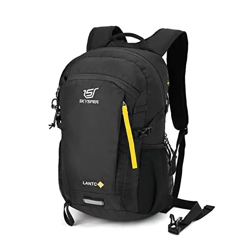 Black and yellow SKYSPER 20L daypack with reflective strips and mesh water bottle pockets.