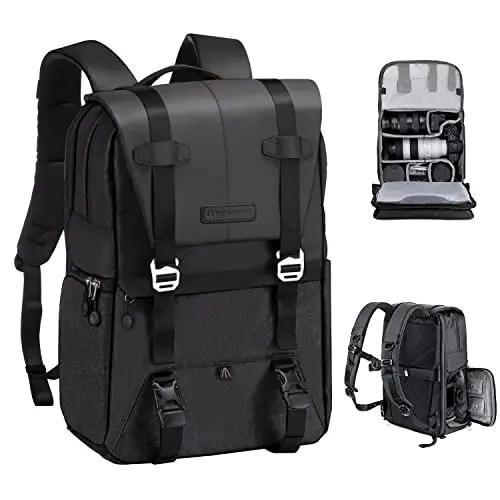 K&F Concept gray and black camera backpack with side access zipper and top storage compartment