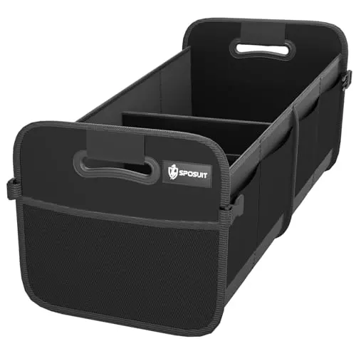 Sposuit collapsible black trunk organizer with mesh pockets, neatly holding grocery bags.