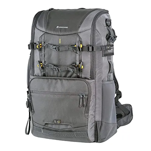 VANGUARD Alta Sky 68 camera backpack opened showing compartments for large telephoto lens