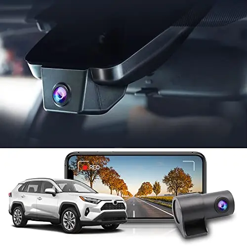 FITCAMX dual dash cam integrated into the rearview mirror housing of a newer RAV4