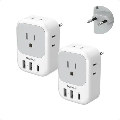 TESSAN 2 Pack White Gray European Plug Adapter with USB-C