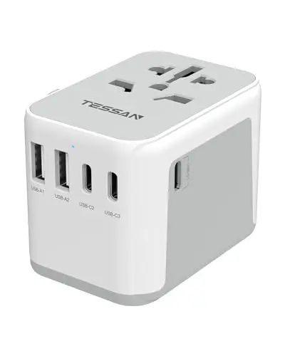 TESSAN Universal Travel Adapter in grey, highlighting its 3 USB-C and 2 USB-A ports.