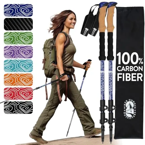 Hiker Hunger 100% carbon fiber adjustable trekking poles with cork grip.