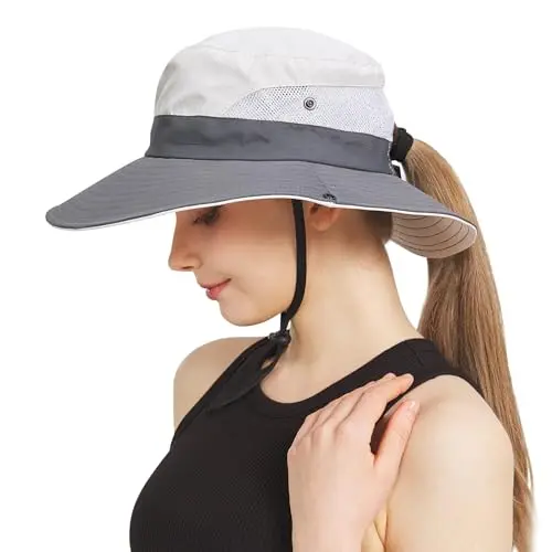 NPQQUAN beige and grey ponytail sun bucket hat with wide brim