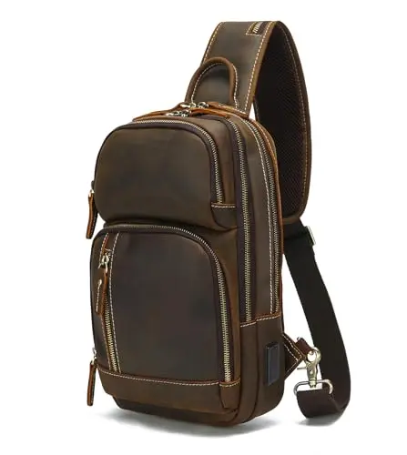 LANNSYNE vintage leather sling bag in brown, showing full-grain leather texture