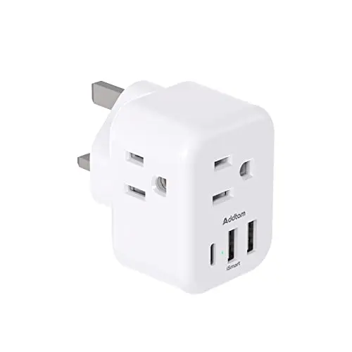 Addtam white Type G travel adapter with 3 outlets and 3 USB ports