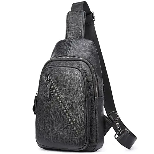 LUKZIJAES black cowhide leather crossbody sling shoulder bag for men