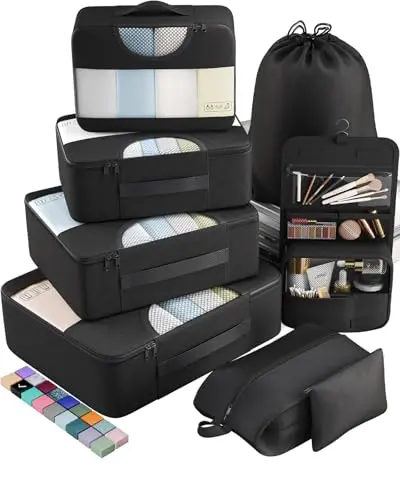 Veken 8-Piece Packing Cube Set in Black with toiletry bag