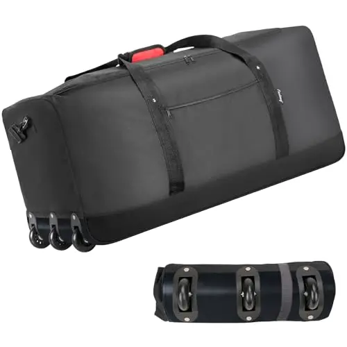 Finnhomy black rolling duffle bag with three wheels and shoulder strap