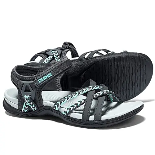 UBFEN women's hiking sandals in gray and mint with wide toe box and hook-and-loop straps