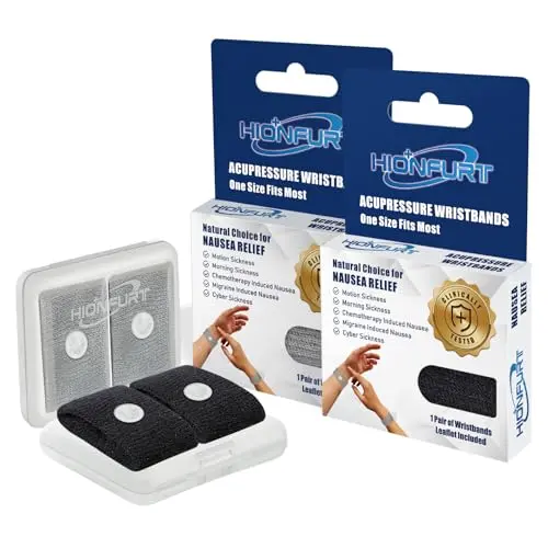 Hionfurt motion sickness bands in grey and black, two pairs with storage case