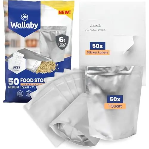 Wallaby 1-quart gusseted stand-up mylar bags with labels for food storage
