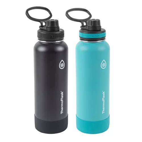 Two Thermoflask 40oz stainless steel water bottles with spout lids in Onyx Black and Splash colors.