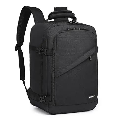 Kono black small travel backpack with a reflective stripe on the shoulder strap.