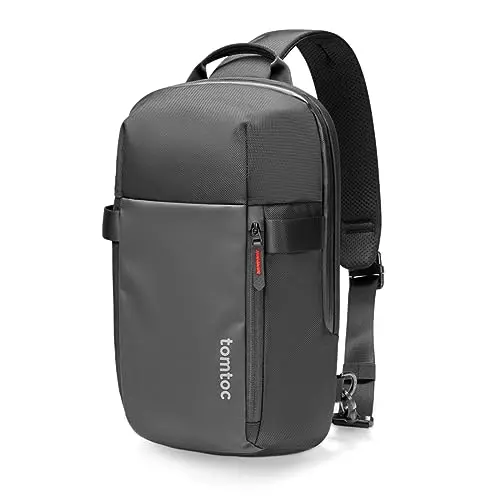 tomtoc Navigator Sling Bag in black, showing its vertical design and padded laptop compartment.