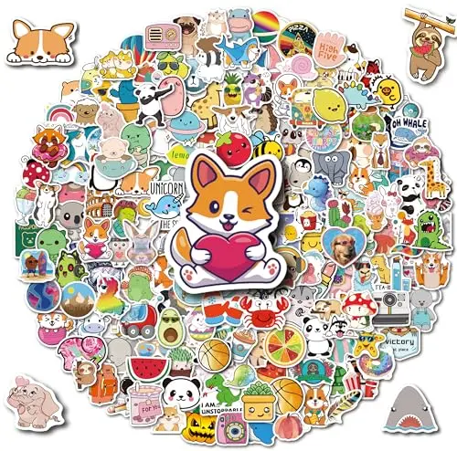 WIN4PDLAY pack of 200 colorful animal and cartoon waterproof vinyl stickers for water bottles