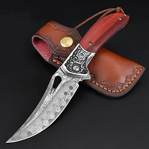 KOMWERO Damascus steel pocket knife with red sandalwood handle