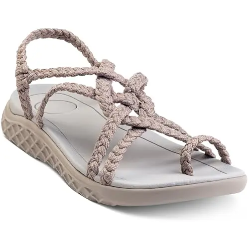 Plaka Explore braided walking sandals in a peach color with rope-like straps.
