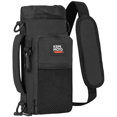 KEMIMOTO insulated water bottle carrier bag with multiple pockets and carabiners.