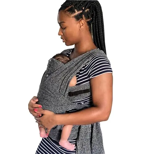 Boppy ComfyFit adjustable hybrid baby carrier in heathered gray, featuring a padded waist belt and wide shoulder straps.