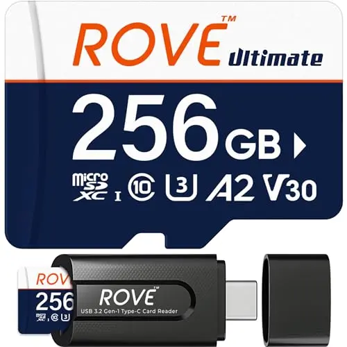 ROVE Ultimate 256GB microSDXC card with USB Type-C card reader, featuring 170MB/s read speed.