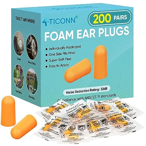 TICONN foam earplugs in a pack of 200 pairs