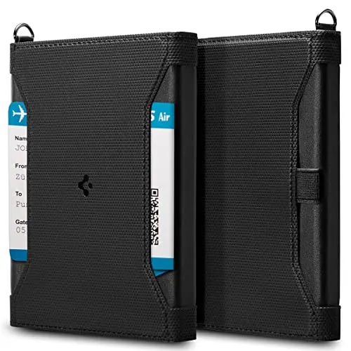 Black Spigen vegan leather passport card cover with D-ring attachment