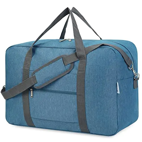 Navy blue packable duffel bag designed to fit United Airlines carry-on size limits