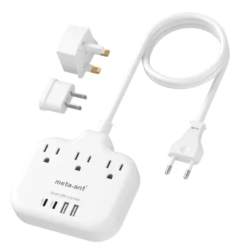 Meta-ant European Travel Plug Adapter with a 3-foot flexible power cord