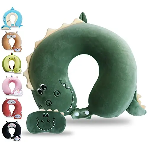Sexysamba dinosaur-themed memory foam neck pillow with included sleep mask