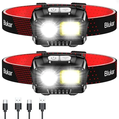 Blukar rechargeable headlamp showing two headlamps in a pack with adjustable headbands