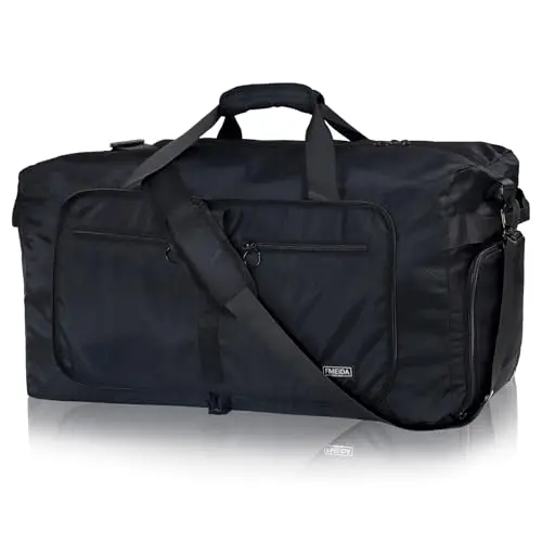 Fmeida black foldable 65L duffel bag with shoe compartment