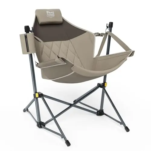 TIMBER RIDGE tan folding hammock chair with a supportive pillow.