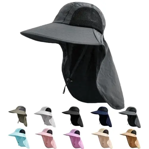 ZOORON UPF 50+ sun hat with wide brim and attached neck flap, folded on a backpack.
