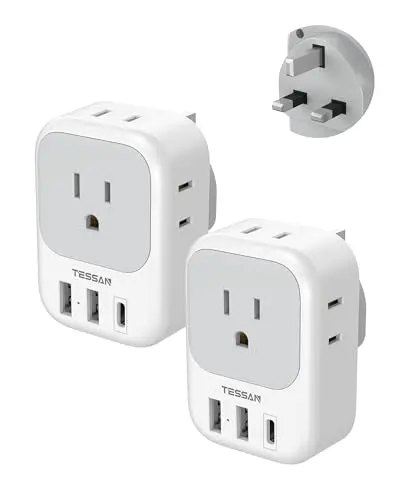 Two-pack of TESSAN Type G adapters, each with 4 outlets and 3 USB ports