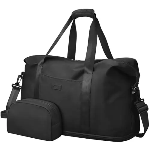 Capolo expandable black travel duffel bag with toiletry bag
